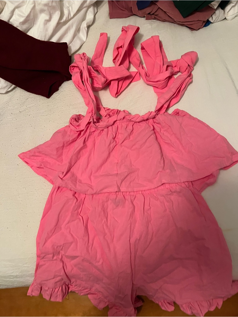 Women's Pink Ruffle Tie-Shoulder Romper